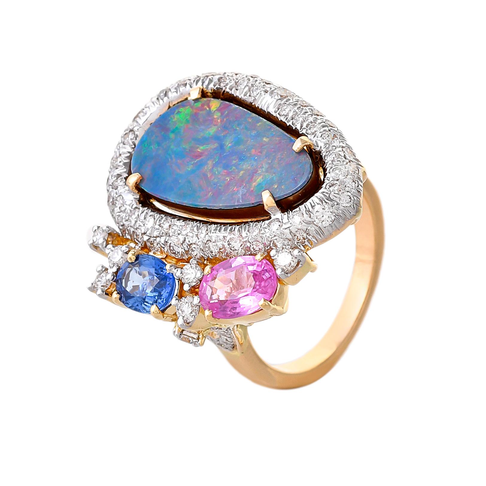 Modern 5.35 Carats Blue Opal Pink Sapphire Blue Sapphire And Diamonds 18kt Gold Ring