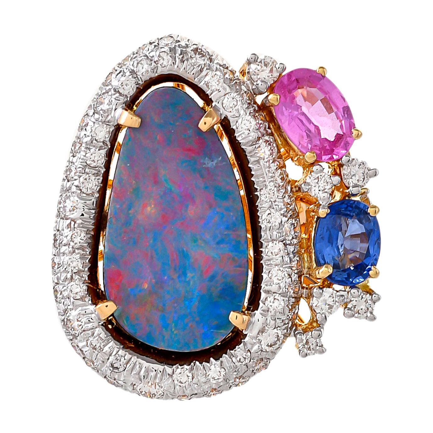 5.35 Carats Blue Opal Pink Sapphire Blue Sapphire And Diamonds 18kt Gold Ring