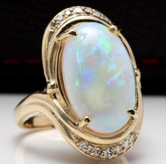 5.35 Carat Natural Ethiopian Opal and Diamond 14 Karat Solid Yellow Gold Ring