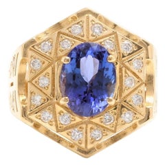 Bague pour homme en or jaune massif 14 carats avec tanzanite naturelle de 5,35 carats et diamants