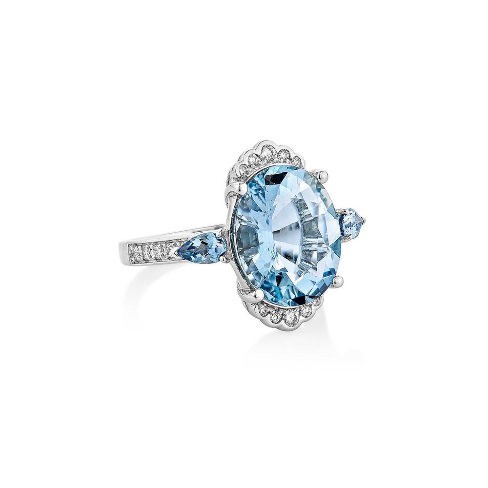 This collection features an array of Aquamarines with an icy blue hue that is as cool as it gets and two aquamarine pear shape stone on either side of the center stone, as well as diamonds embedded in white gold, and it has a classic yet beautiful