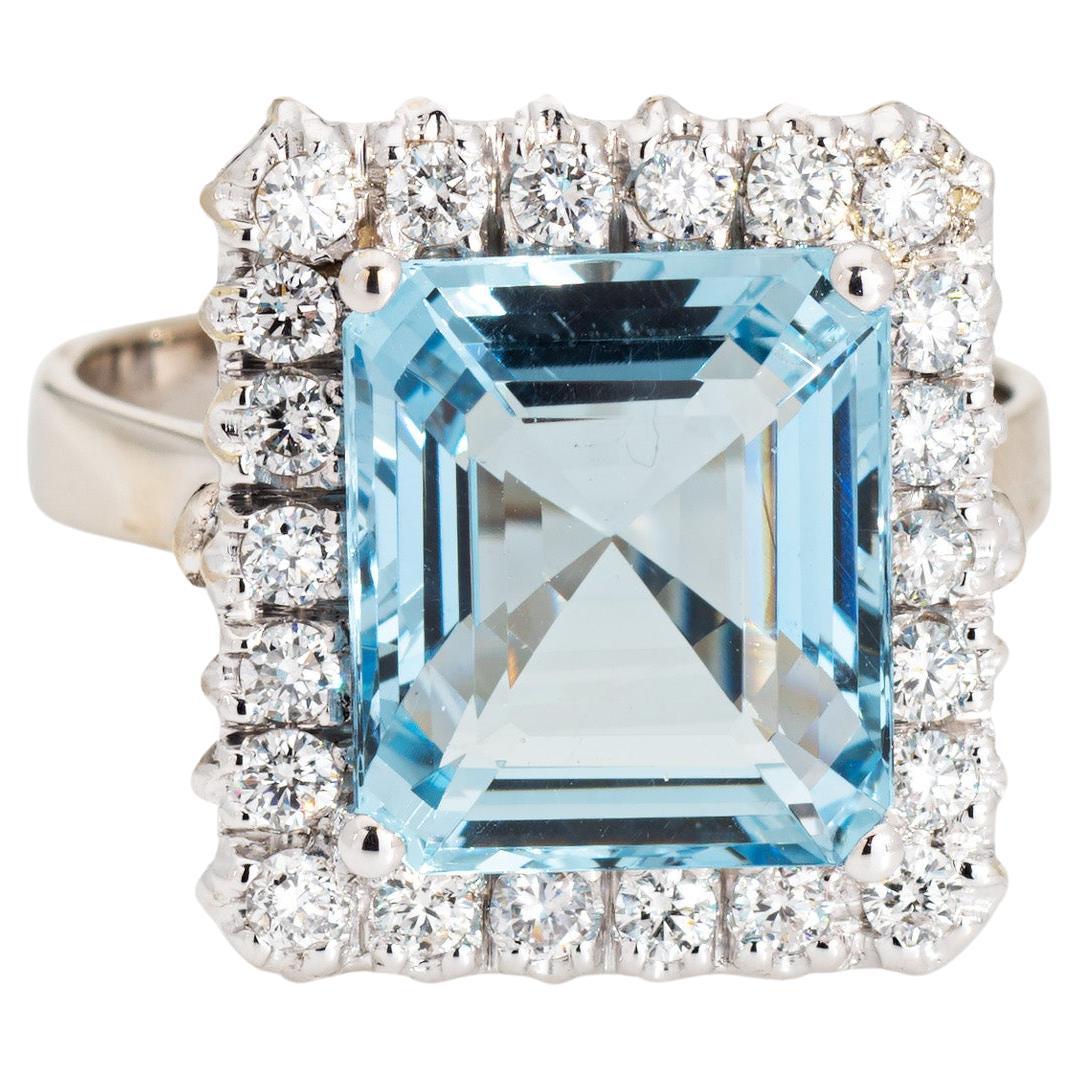 5.35ct Aquamarine Diamond Square Ring Vintage 18k White Gold Cocktail Jewelry For Sale