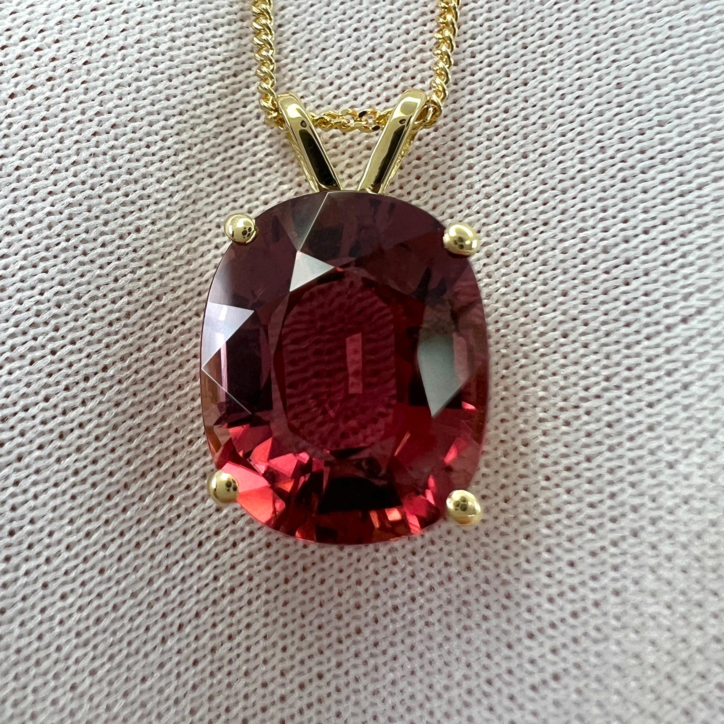 Fancy Oval Cut Pink Orange Rubellite Tourmaline 18k Yellow Gold Pendant Necklace. 

5.35 Carat rubellite tourmaline with a beautiful bright pink orange colour, very good clarity and an excellent oval cut.
Set in a fine 18k yellow gold solitaire