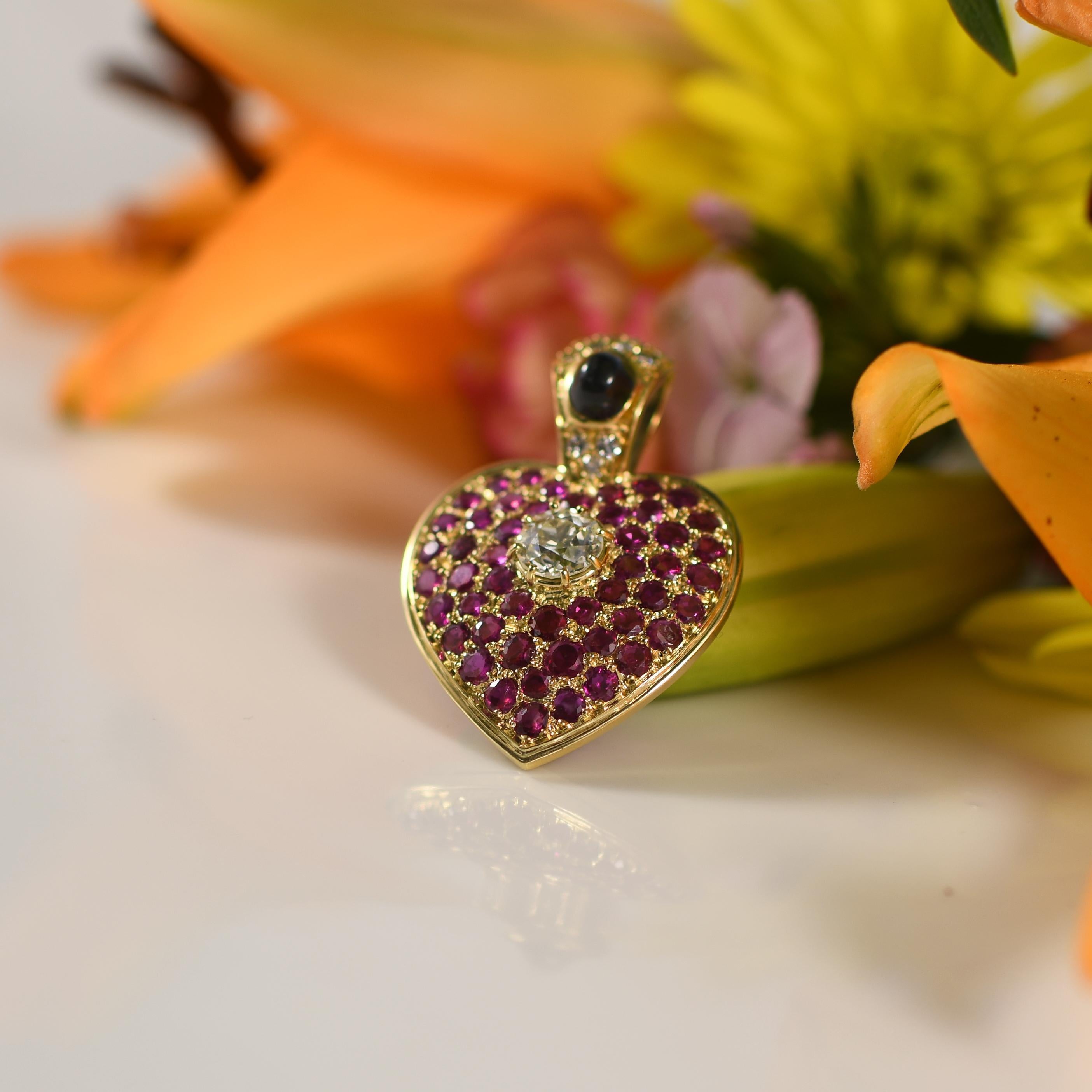 Old European Cut 5.35ctw Old European Diamond Ruby Pave Heart Pendant w Sapphire Bail in 18K Gold For Sale