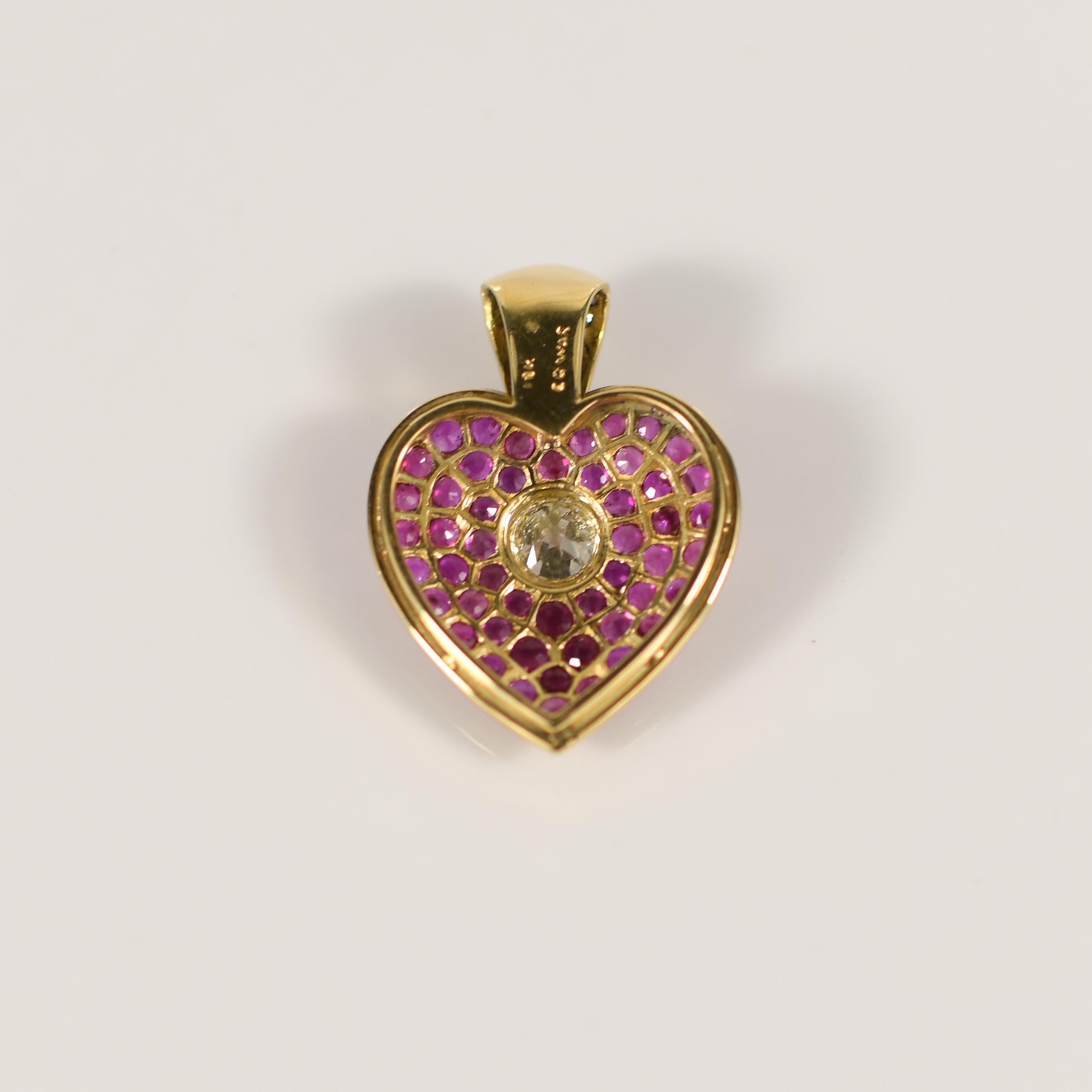 Women's 5.35ctw Old European Diamond Ruby Pave Heart Pendant w Sapphire Bail in 18K Gold For Sale