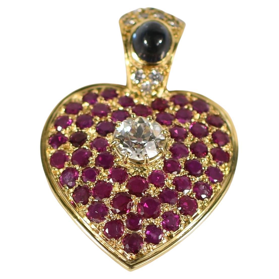 5.35ctw Old European Diamond Ruby Pave Heart Pendant w Sapphire Bail in 18K Gold For Sale