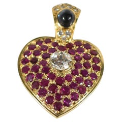 Vintage 5.35ctw Old European Diamond Ruby Pave Heart Pendant w Sapphire Bail in 18K Gold