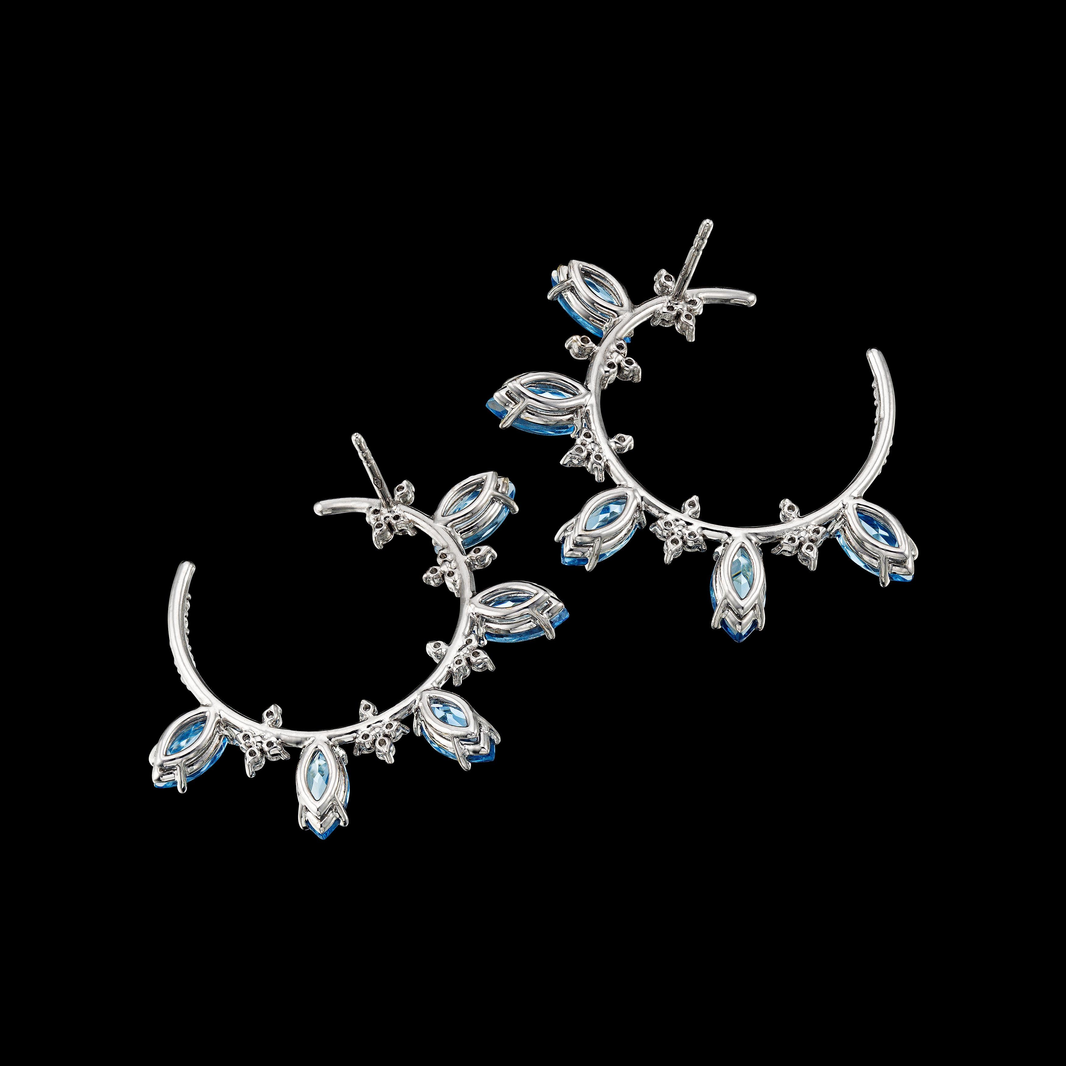 Top quality AquaMarine and White VS round diamonds loop earrings in white 18k gold