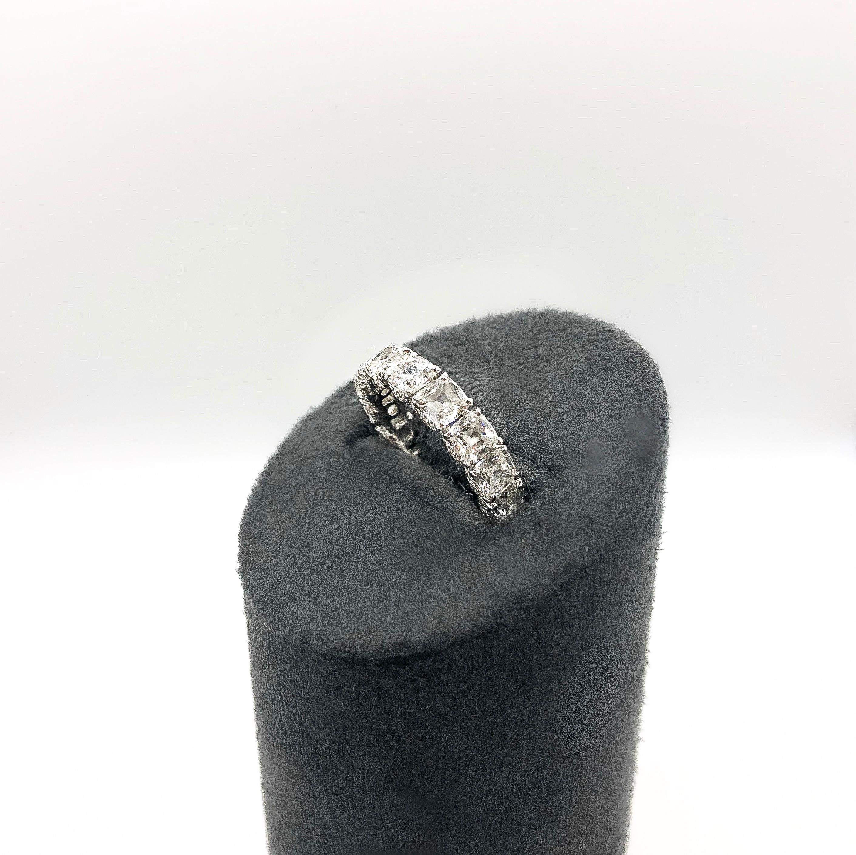 5.36 Carat Cushion Old Diamond Eternity Band by 64Facets in 18 Karat White Gold In New Condition For Sale In Los Angeles, CA