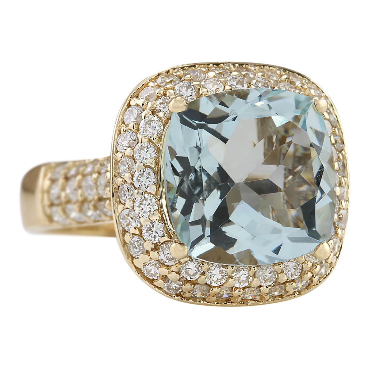 5.36 Carat Natural Aquamarine 14 Karat Yellow Gold Diamond Ring
Stamped: 14K Yellow Gold
Total Ring Weight: 5.2 Grams
Total Natural Aquamarine Weight is 4.31 Carat (Measures: 10.50x10.50 mm)
Color: Blue
Total Natural Diamond Weight is 1.05