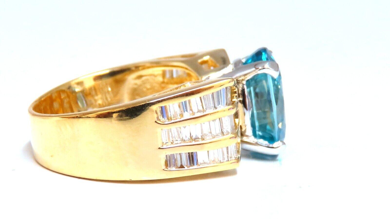 Natural blue zircon diamond ring

5.36ct oval blue zircon

11x8.2 mm

Oval cut, clean clarity, transparent.


1.20 carat natural baguette diamonds

G-H color vs2 clarity


14 karat yellow gold

10 g

Depth of ring 8mm

$8,000 appraisal certificate