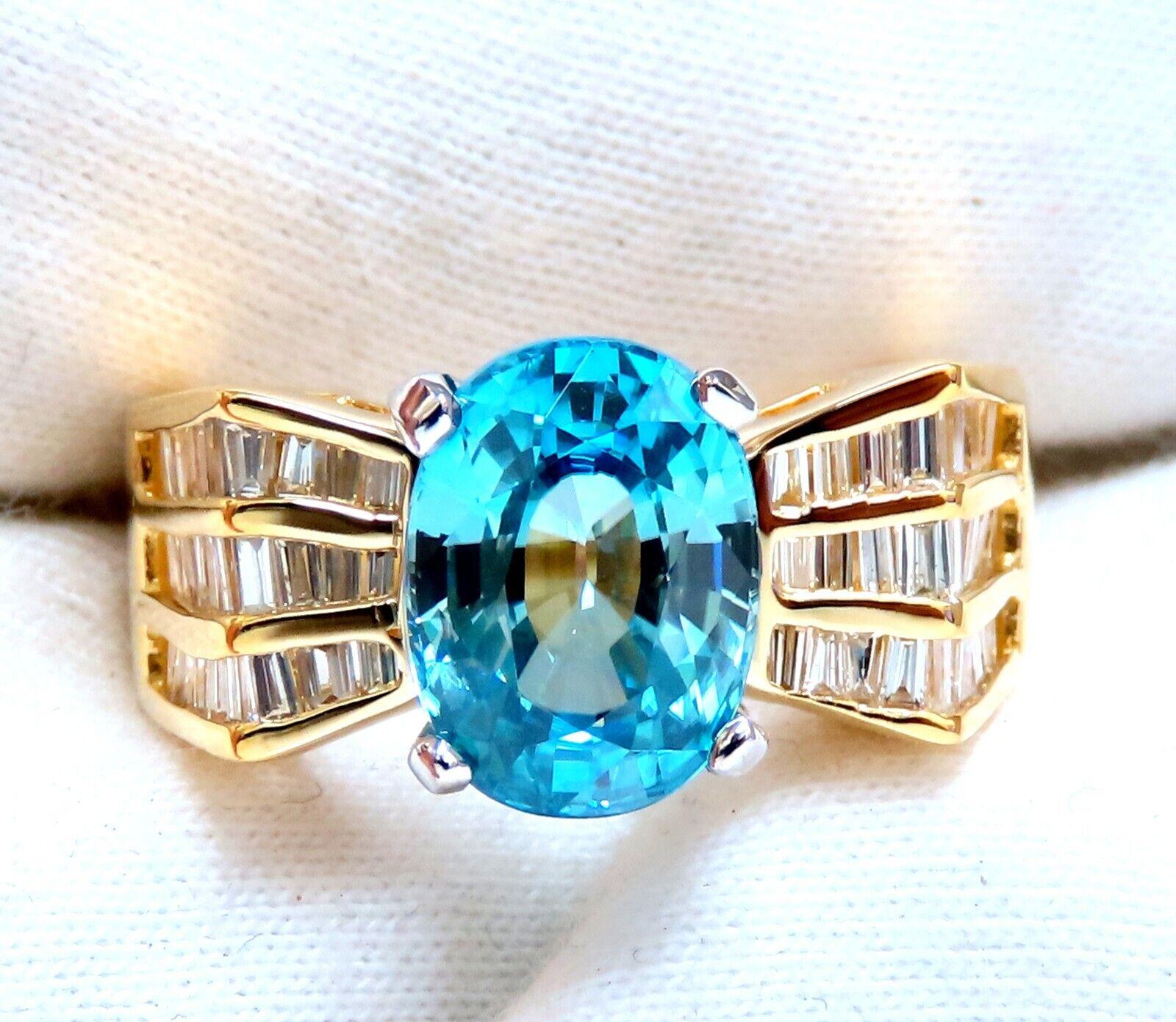 Baguette Cut 5.36 Carat Natural Blue Zircon Baguette Diamond Ring 14kt Gold For Sale