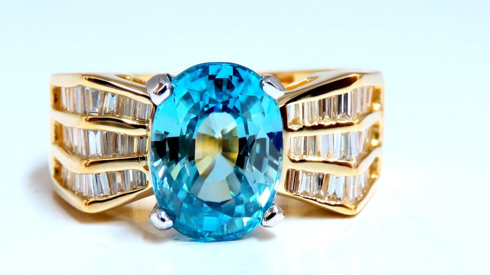 Women's or Men's 5.36 Carat Natural Blue Zircon Baguette Diamond Ring 14kt Gold For Sale