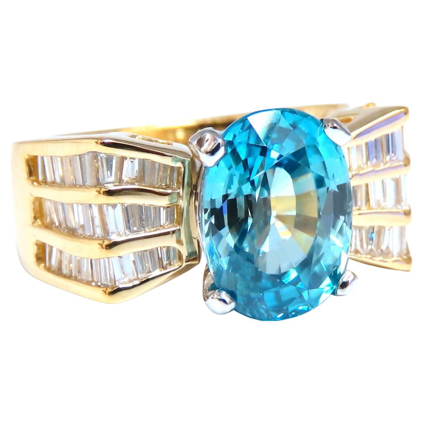5.36 Carat Natural Blue Zircon Baguette Diamond Ring 14kt Gold For Sale