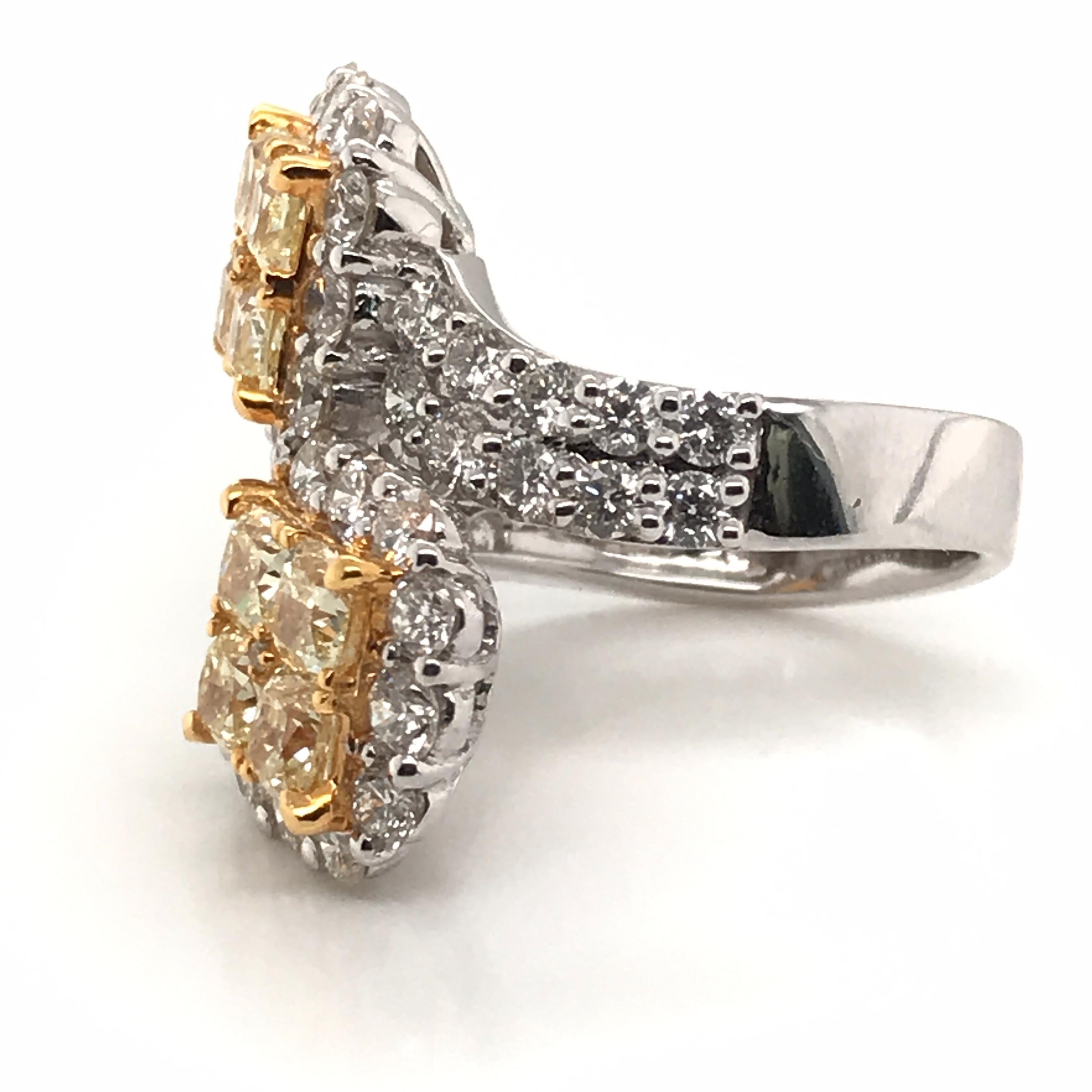 Princess Cut  5.36 Carat Natural Yellow Diamond Princess Cluster with Rounds Diamond Ring For Sale