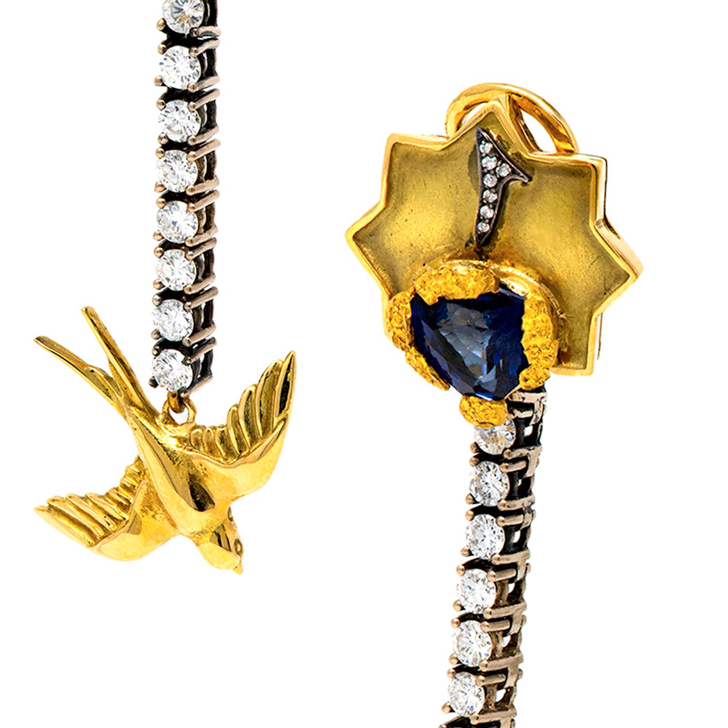 Brilliant Cut 21st Century Pair Of Sapphires Birds Gold Diamonds Drop Earrings Omega 