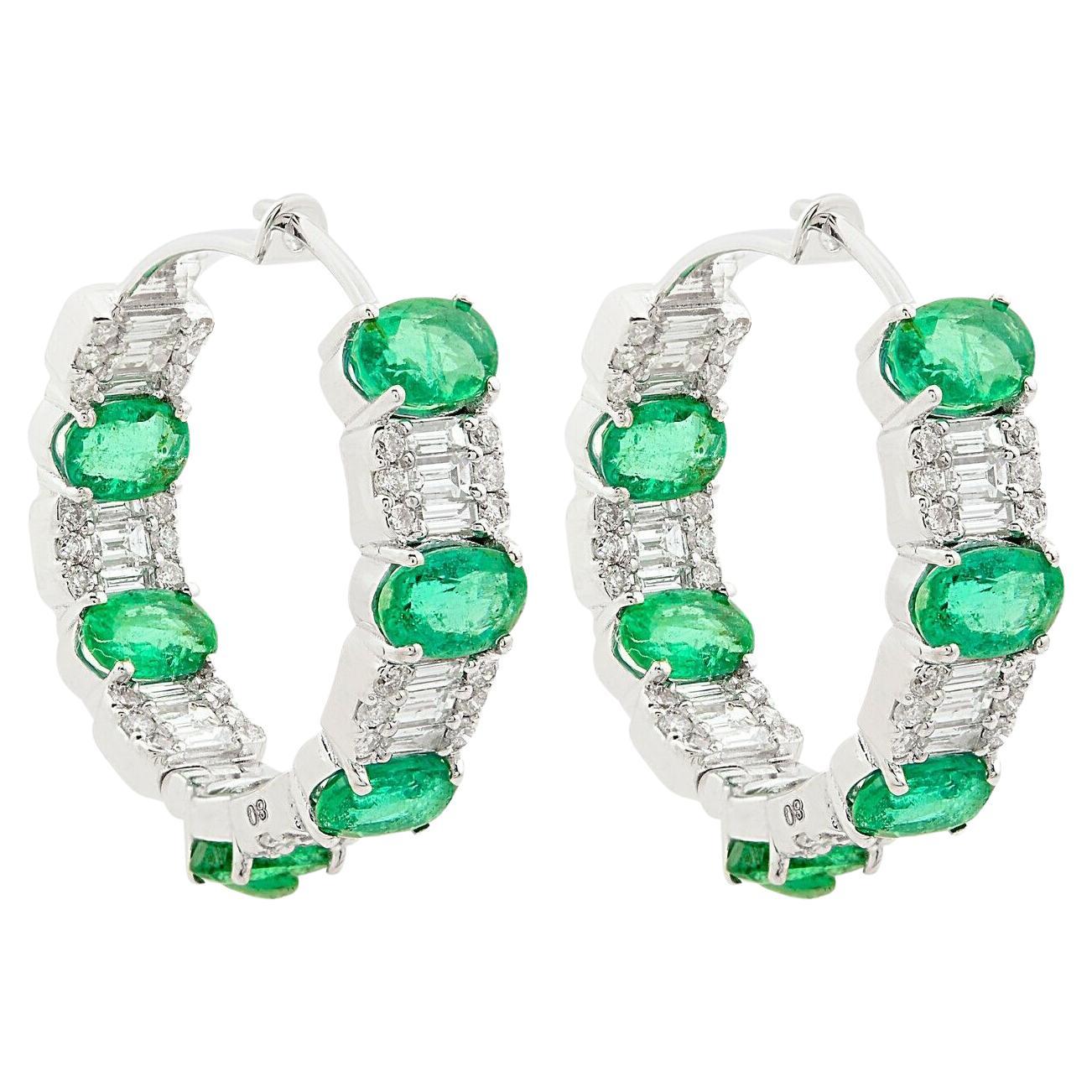 5.36 Carats Zambian Emerald 1.95 carat Diamond 14 Karat Gold Round Hoop Earrings For Sale