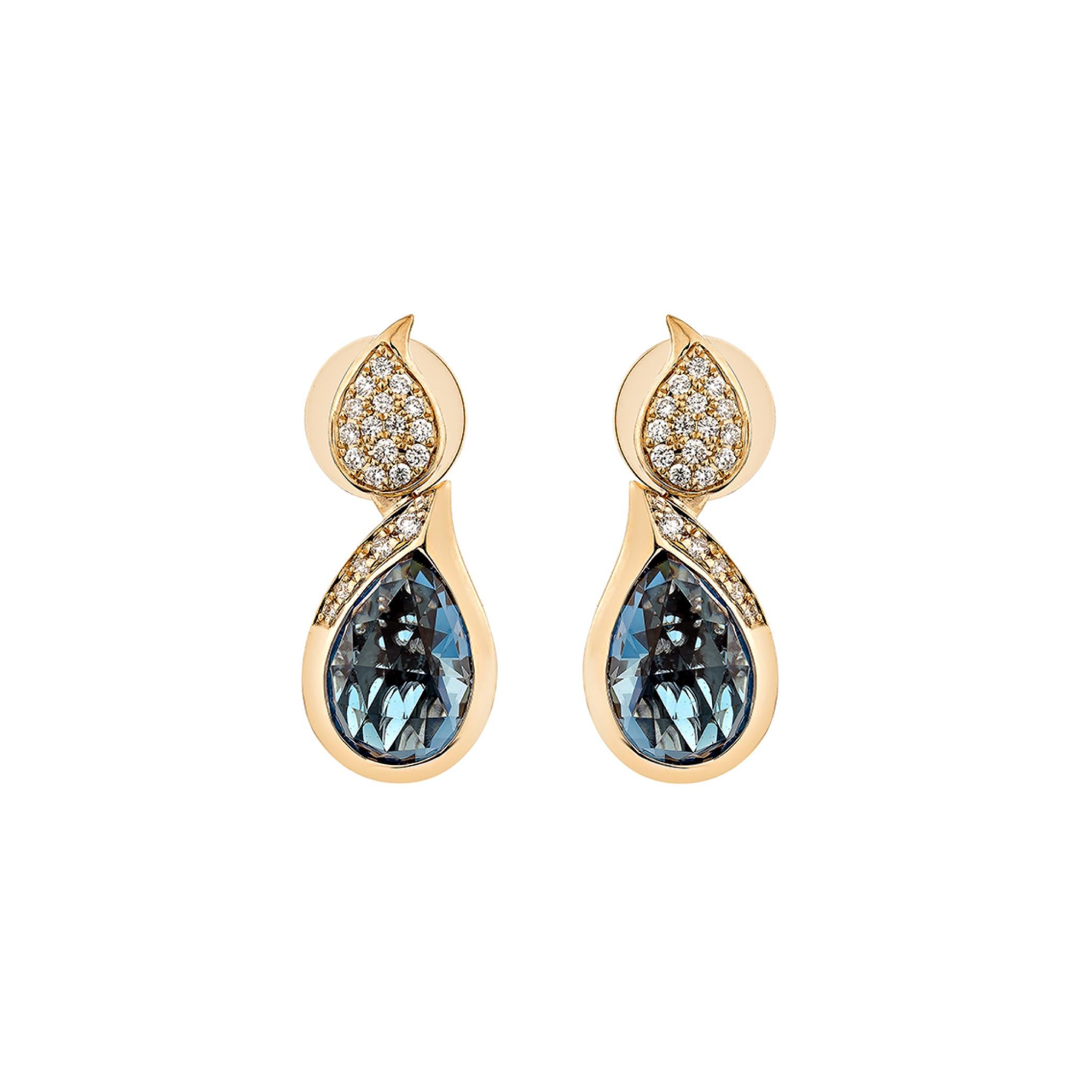 Contemporary 5.369 Carat London Blue Topaz Drop Earring in 18KRG With White Diamond. For Sale