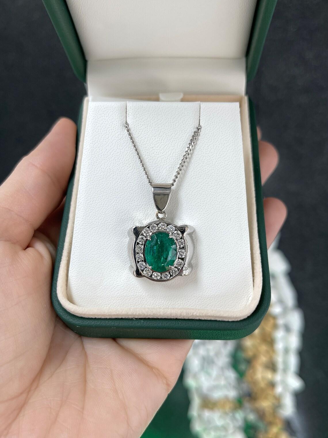 Modern 5.36tcw 14K White Gold Men's Oval Emerald & Diamond Halo Pendant Rich Green For Sale