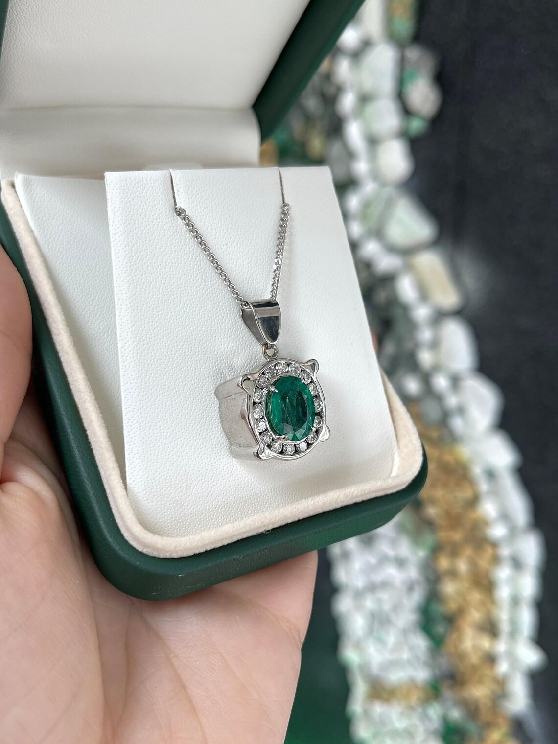 Oval Cut 5.36tcw 14K White Gold Men's Oval Emerald & Diamond Halo Pendant Rich Green For Sale