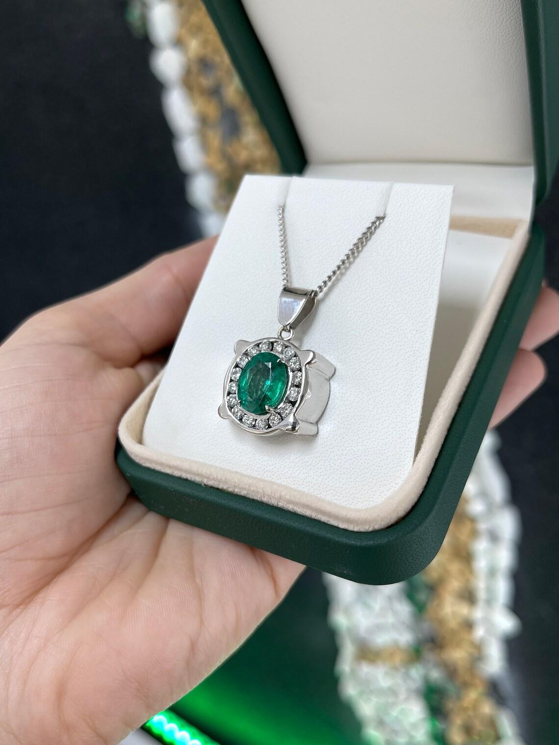 5.36tcw 14K White Gold Men's Oval Emerald & Diamond Halo Pendant Rich Green In New Condition For Sale In Jupiter, FL