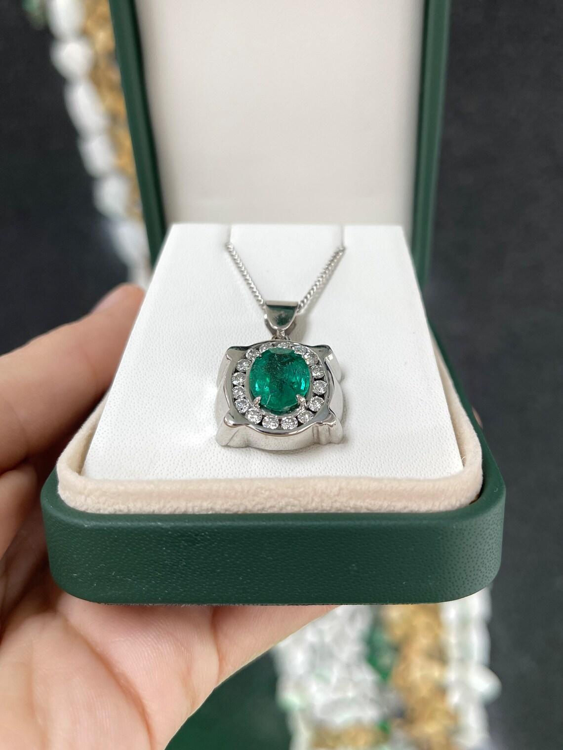 5.36tcw 14K White Gold Men's Oval Emerald & Diamond Halo Pendant Rich Green For Sale 1