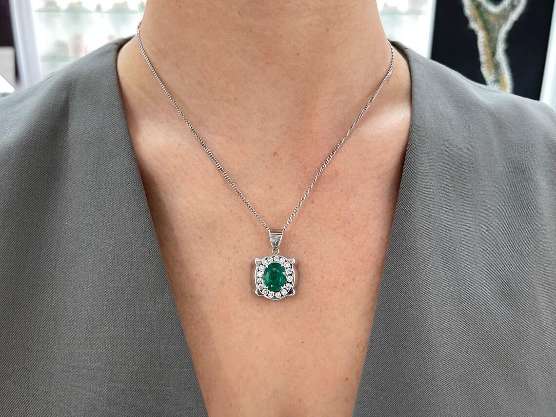 5.36tcw 14K White Gold Men's Oval Emerald & Diamond Halo Pendant Rich Green For Sale 2