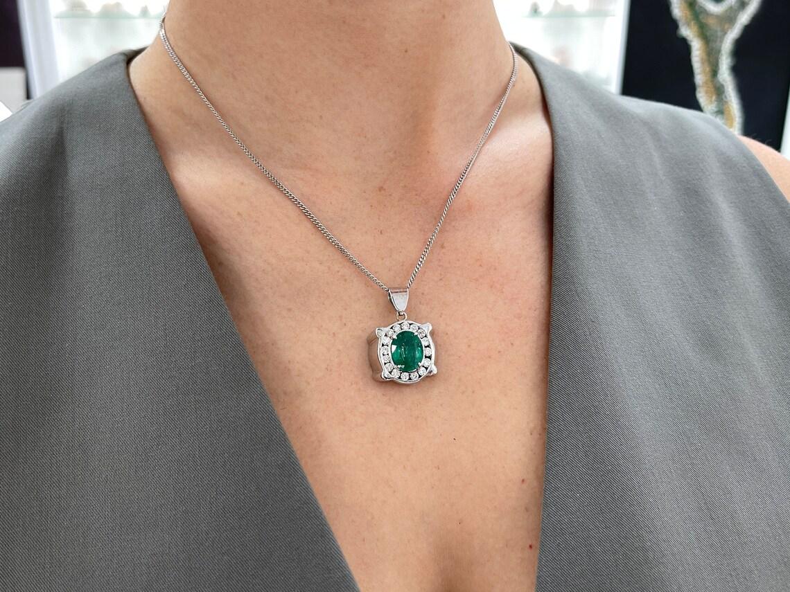 5.36tcw 14K White Gold Men's Oval Emerald & Diamond Halo Pendant Rich Green For Sale 3