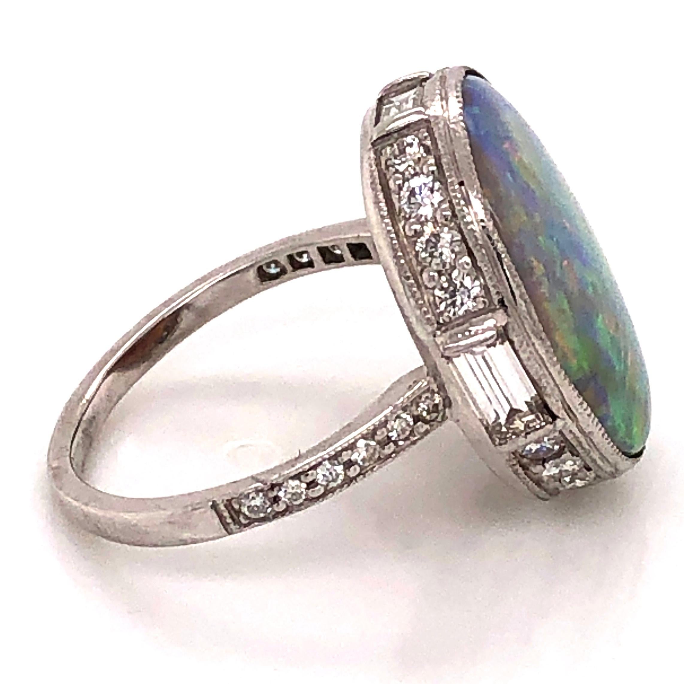 Art Deco 5.37 Carat Dark Gray Opal and Diamond Platinum Ring Estate Fine Jewelry For Sale