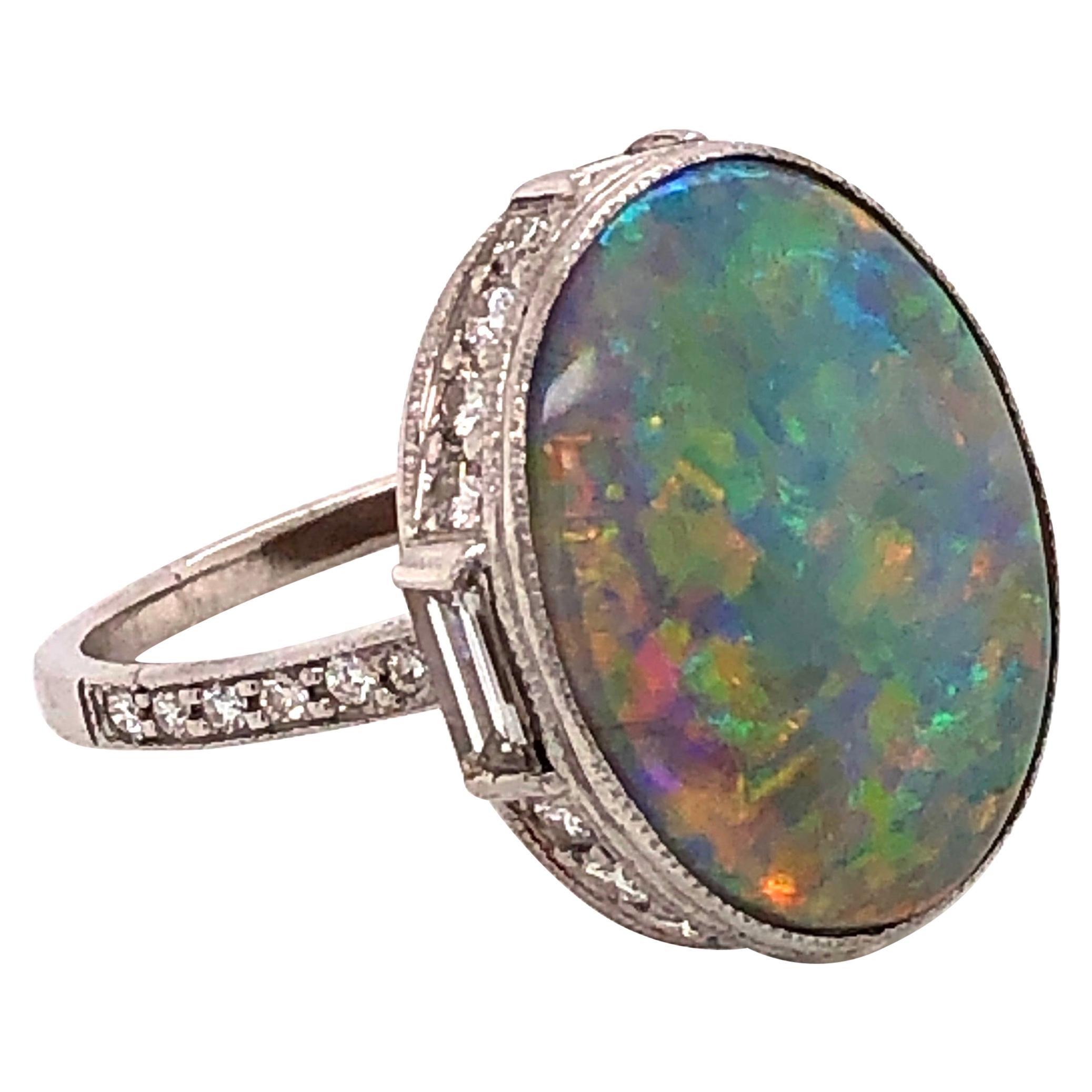 5.37 Carat Dark Gray Opal and Diamond Platinum Ring Estate Fine Jewelry For Sale