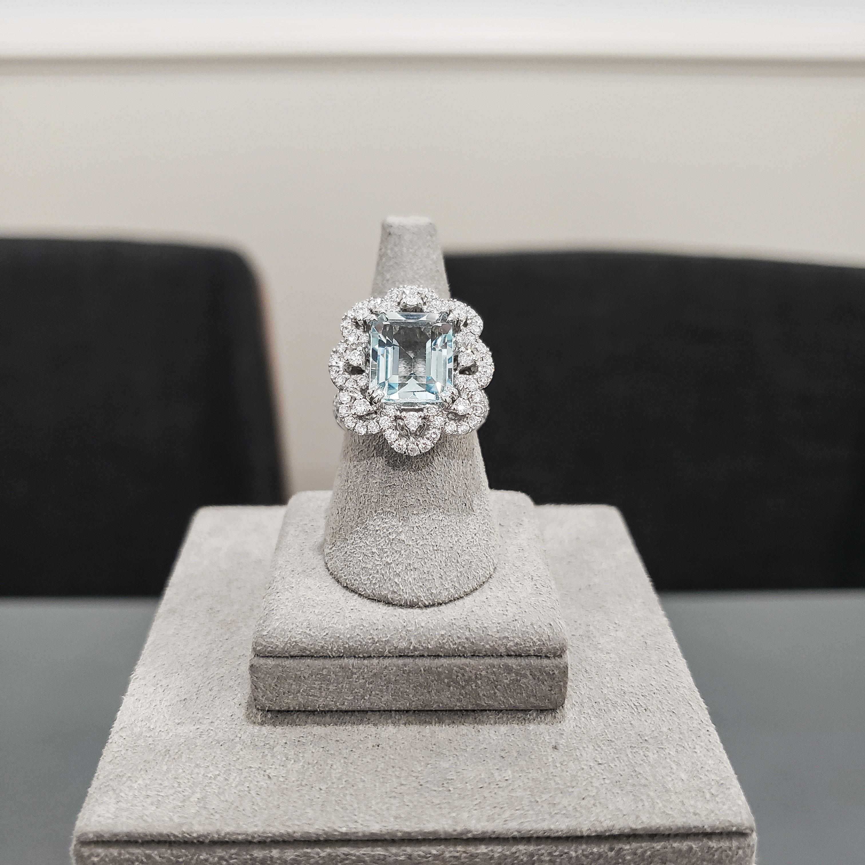 Contemporary Roman Malakov 5.37 Carats Emerald Cut Aquamarine & Diamond Flower Cocktail Ring For Sale