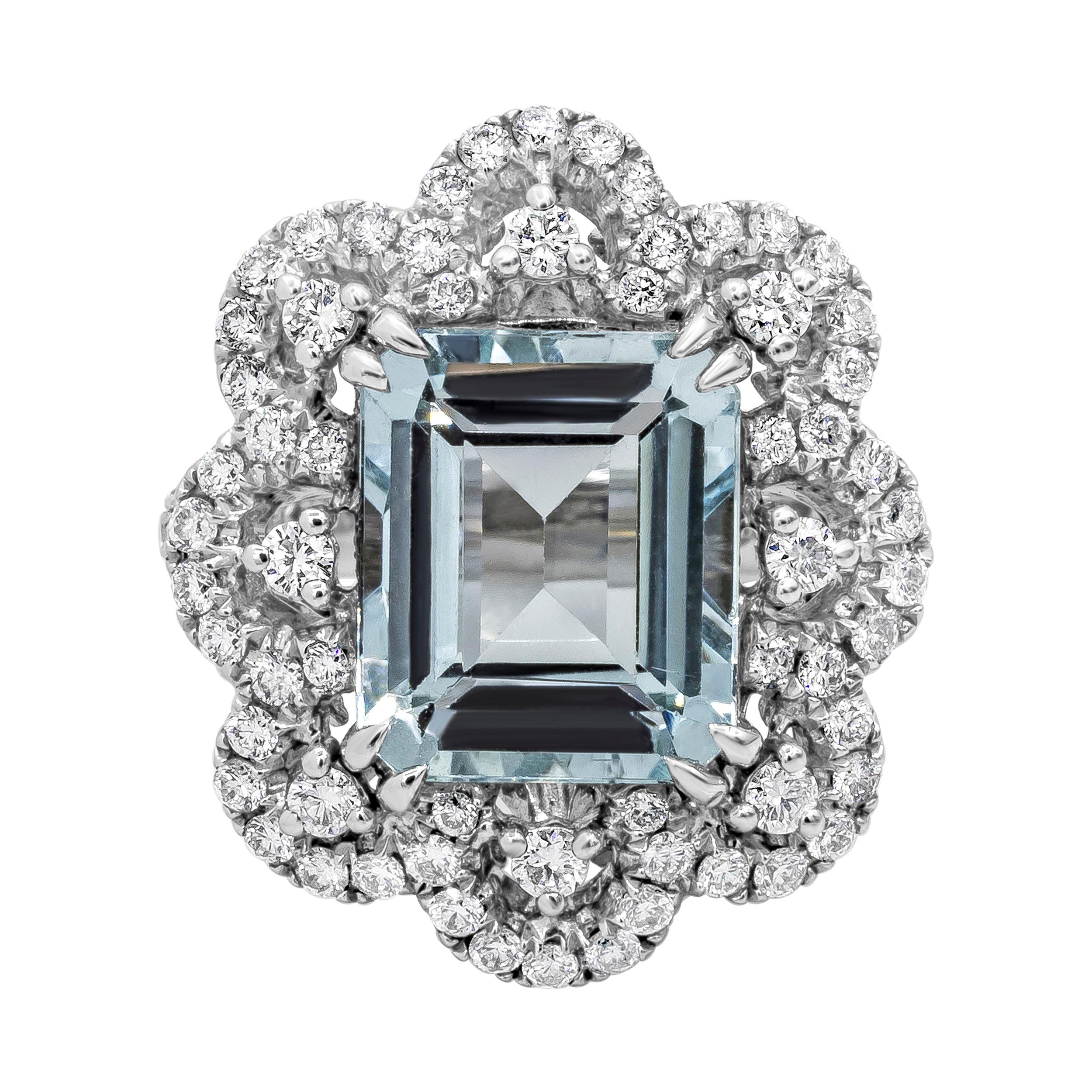 Roman Malakov 5.37 Carat Emerald Cut Aquamarine & Diamond Floral Cocktail Ring