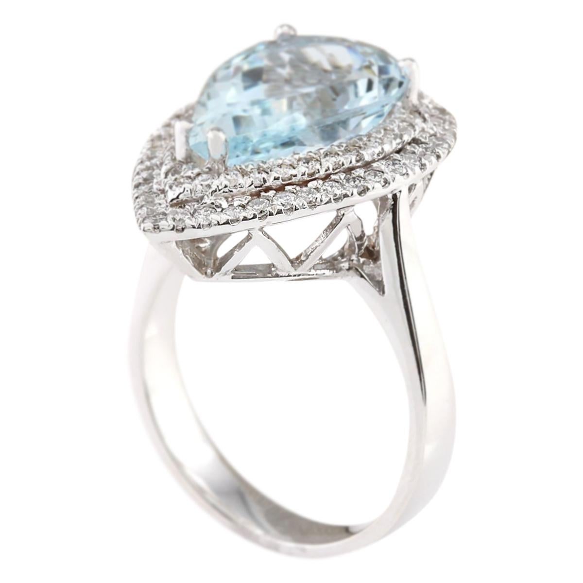 Pear Cut Natural Aquamarine 14 Karat White Gold Diamond Ring For Sale