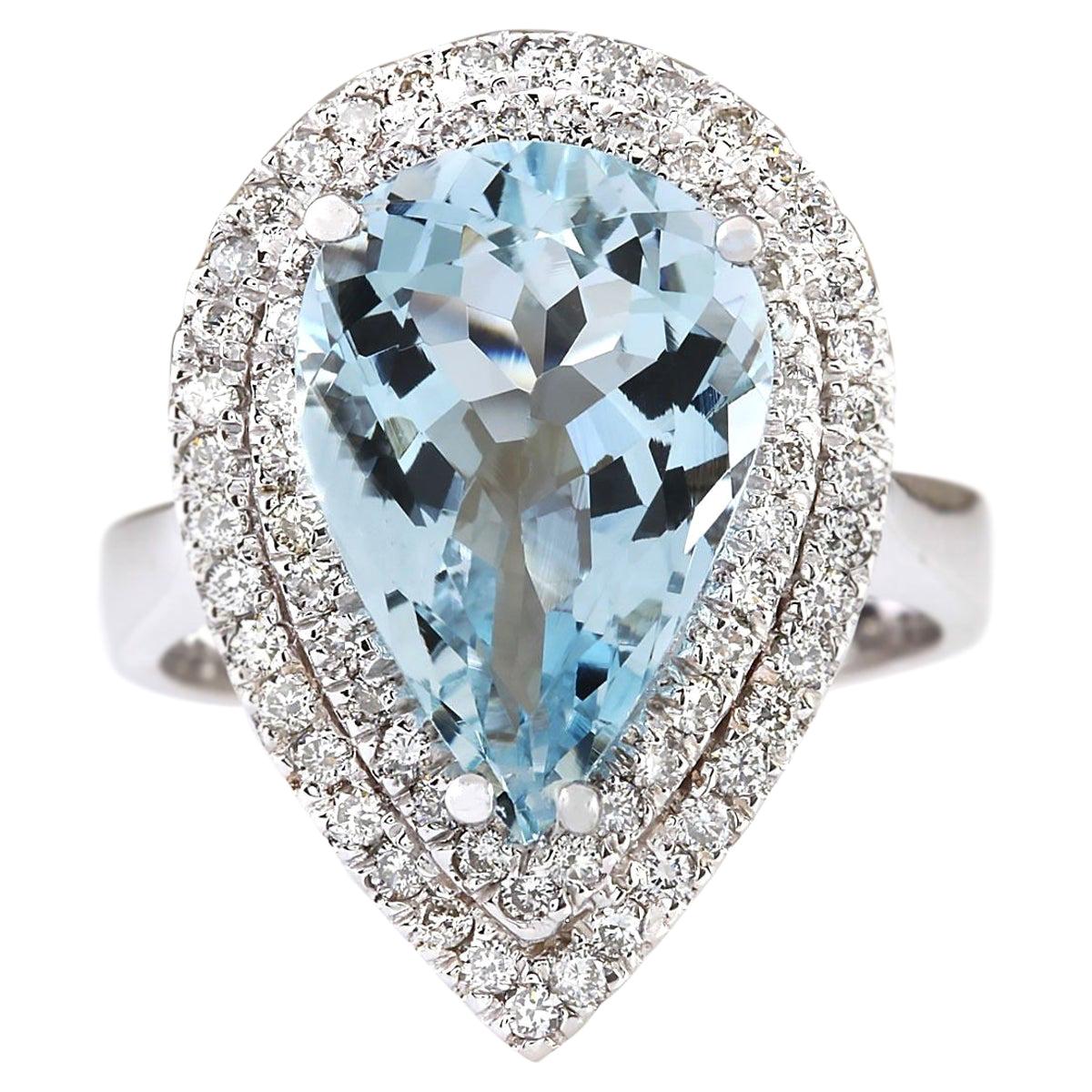 Natural Aquamarine 14 Karat White Gold Diamond Ring For Sale