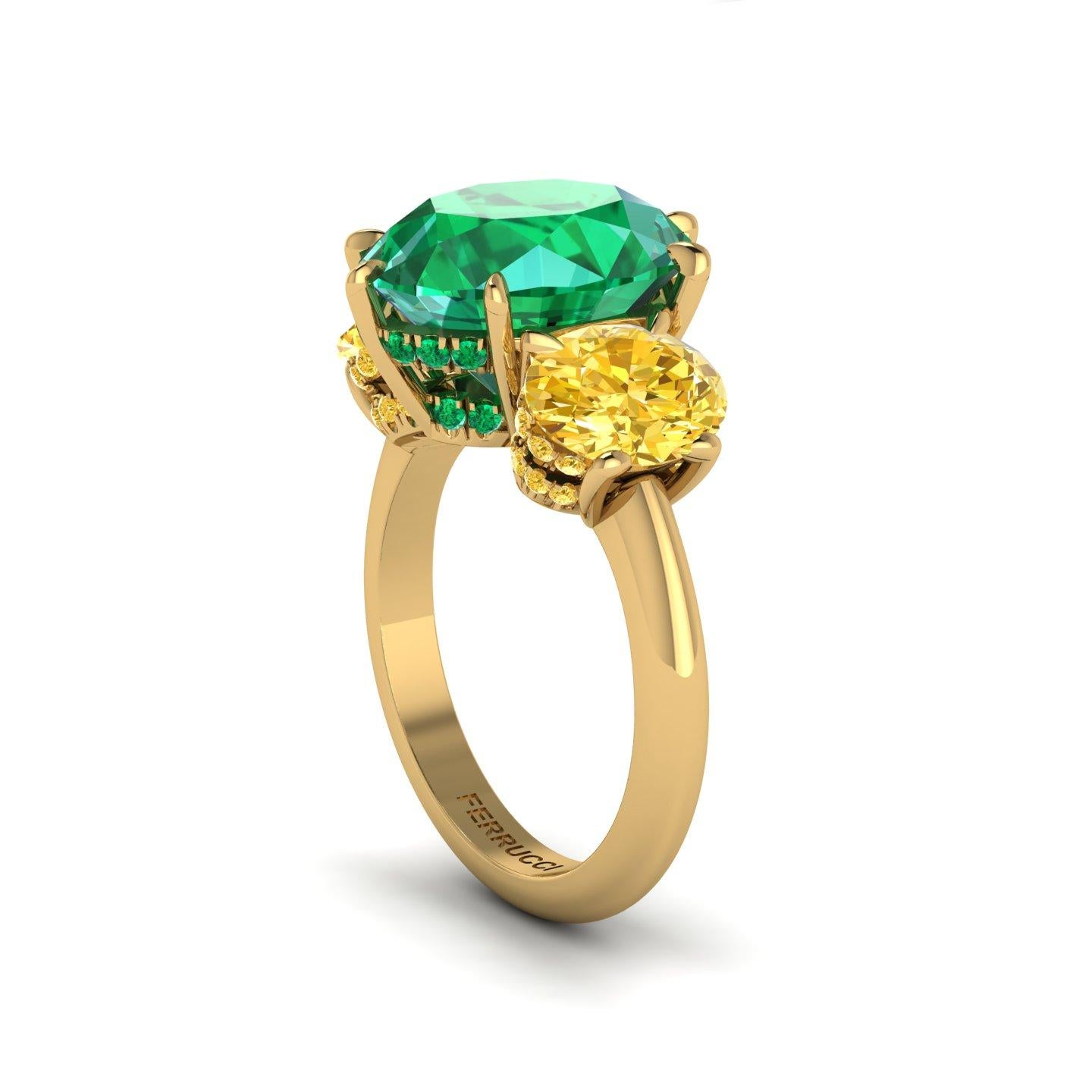 Contemporary 5.37 Carat Oval Emerald Oval Yellow Vivid Diamonds 18 Karat Gold Ring