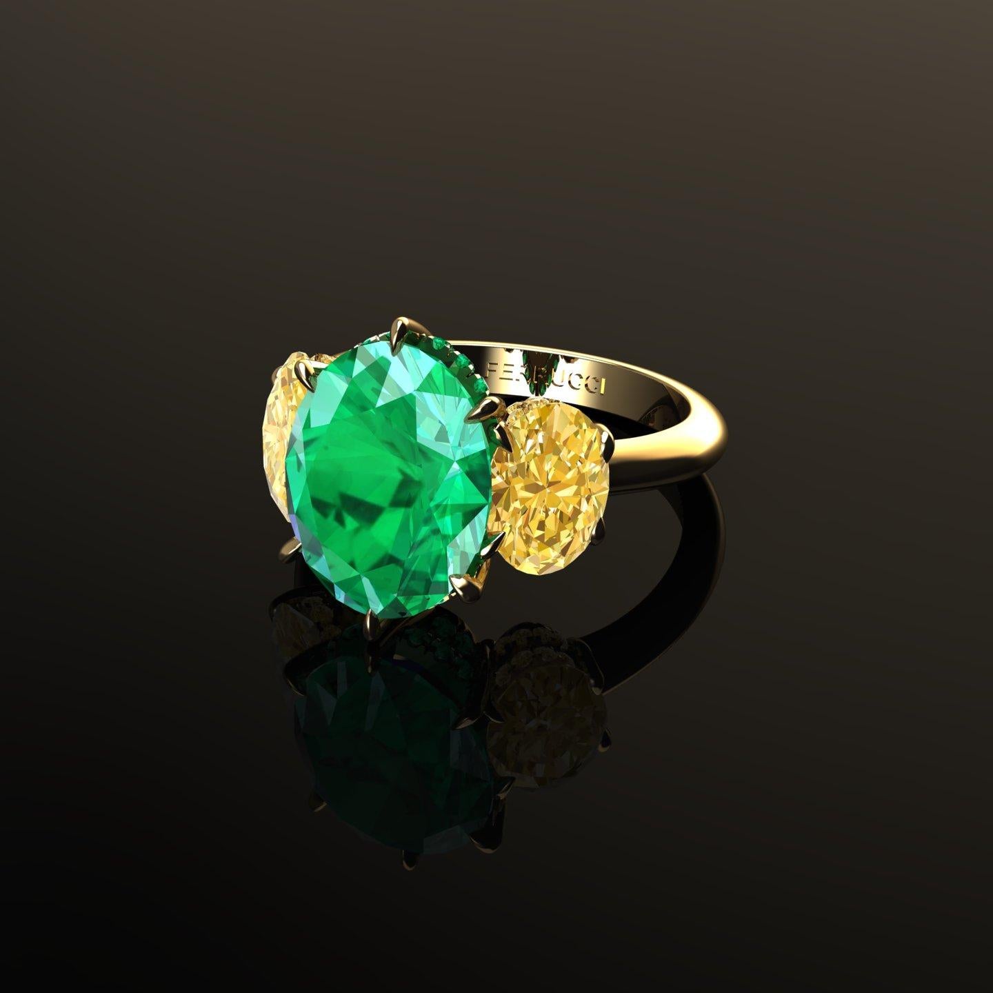 5.37 Carat Oval Emerald Oval Yellow Vivid Diamonds 18 Karat Gold Ring In New Condition In New York, NY
