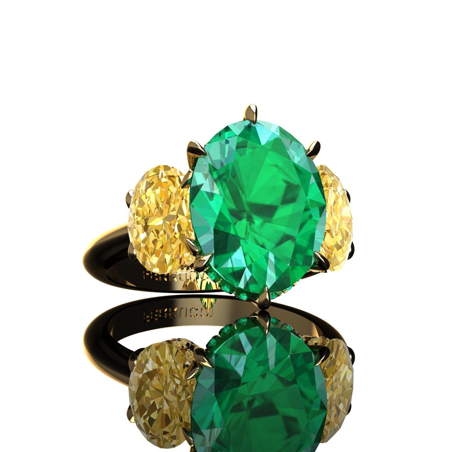 Women's 5.37 Carat Oval Emerald Oval Yellow Vivid Diamonds 18 Karat Gold Ring