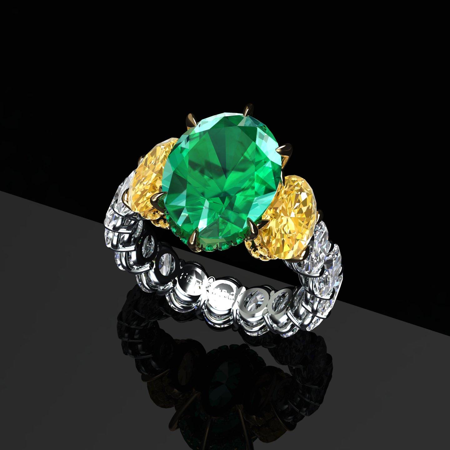 5.37 Carat Oval Emerald Yellow and White Oval Diamonds Platinum 18k Gold Ring 4