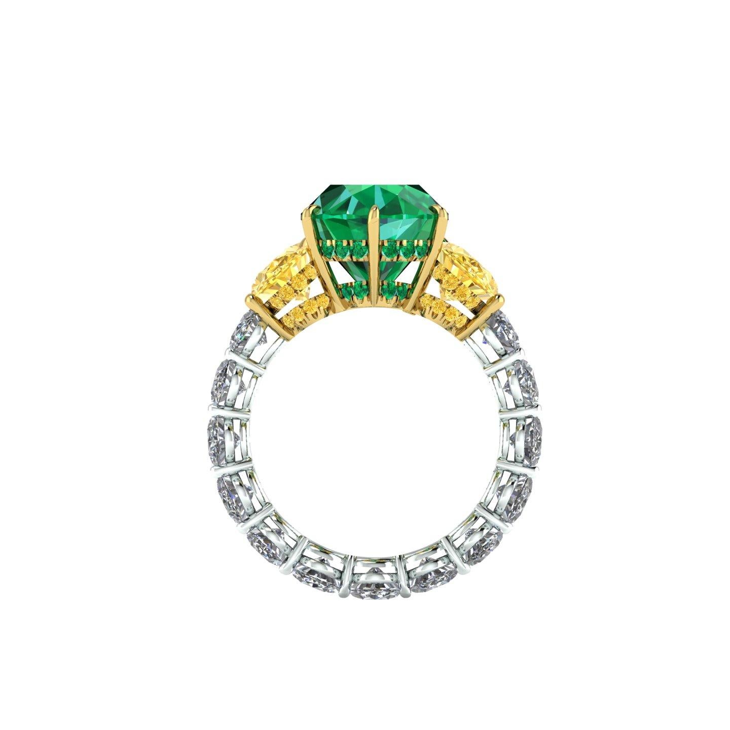 Oval Cut 5.37 Carat Oval Emerald Yellow and White Oval Diamonds Platinum 18k Gold Ring