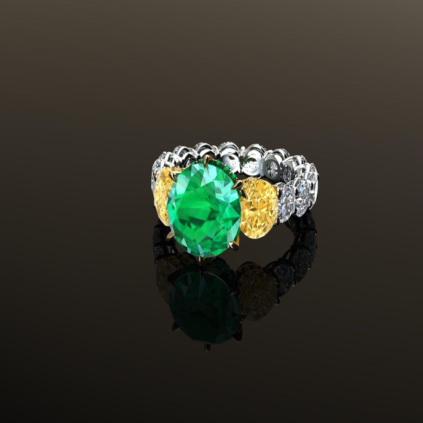 5.37 Carat Oval Emerald Yellow and White Oval Diamonds Platinum 18k Gold Ring 3