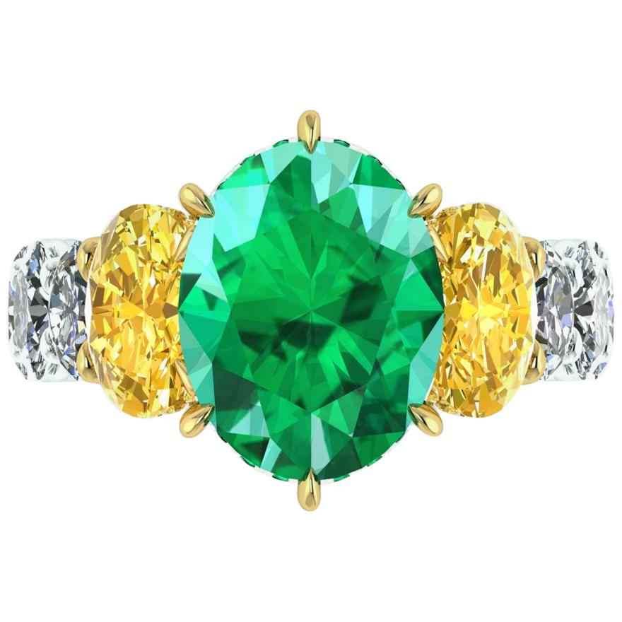 5.37 Carat Oval Emerald Yellow and White Oval Diamonds Platinum 18k Gold Ring