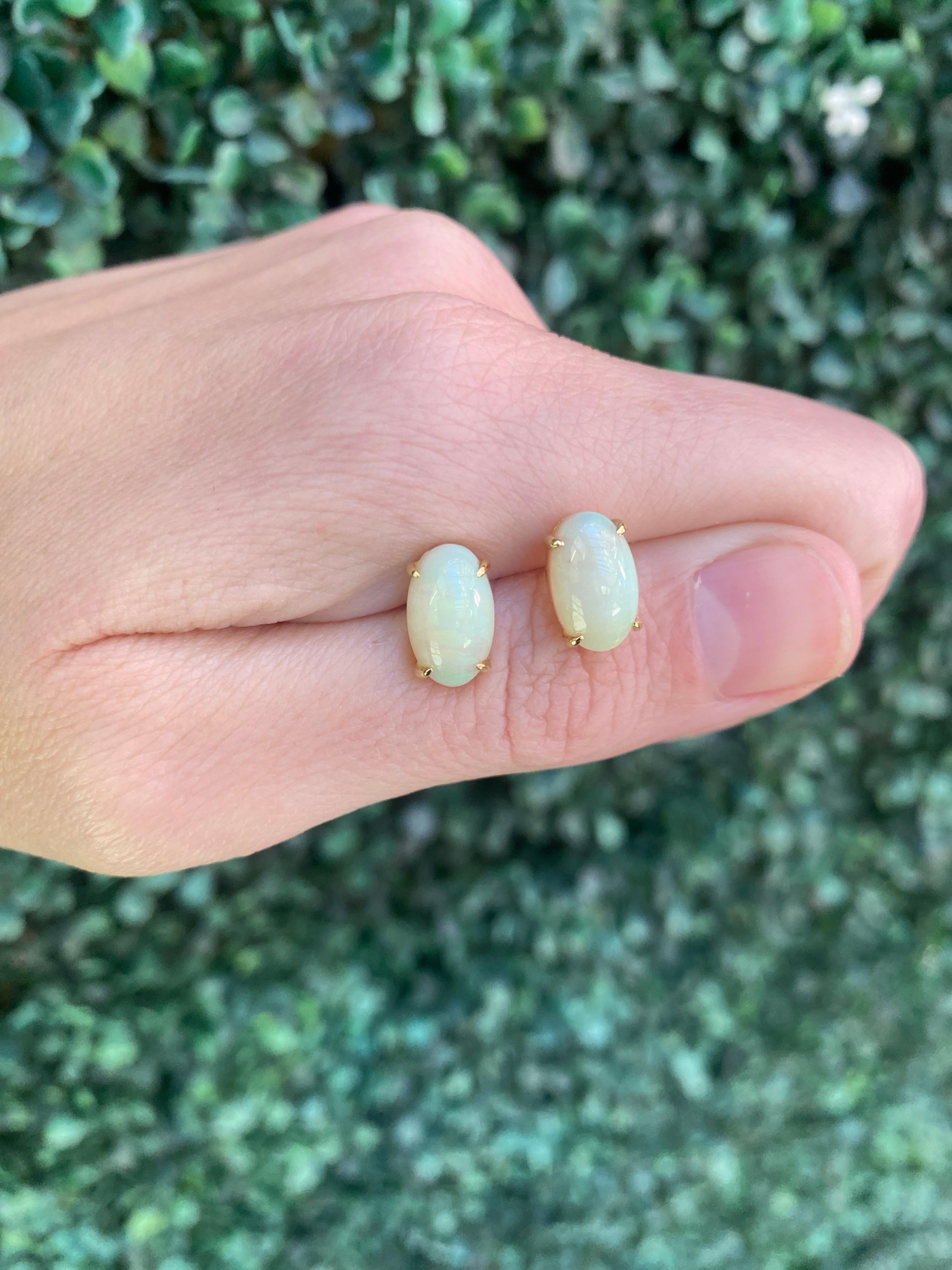 5.37 Carats Oval Cabochon Opal Stud Earrings, 14 Karat Yellow Gold For Sale 5