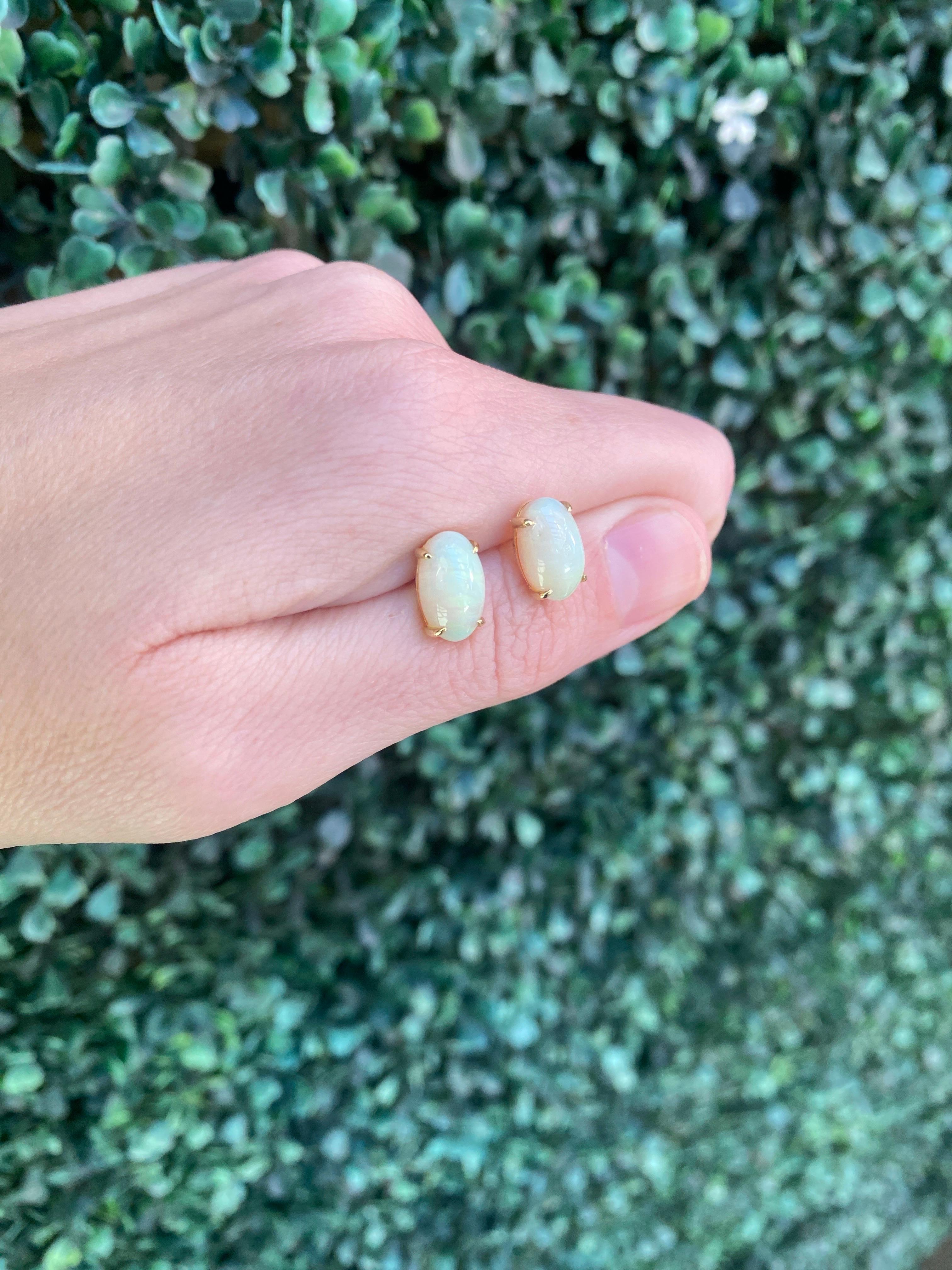 5.37 Carats Oval Cabochon Opal Stud Earrings, 14 Karat Yellow Gold For Sale 6