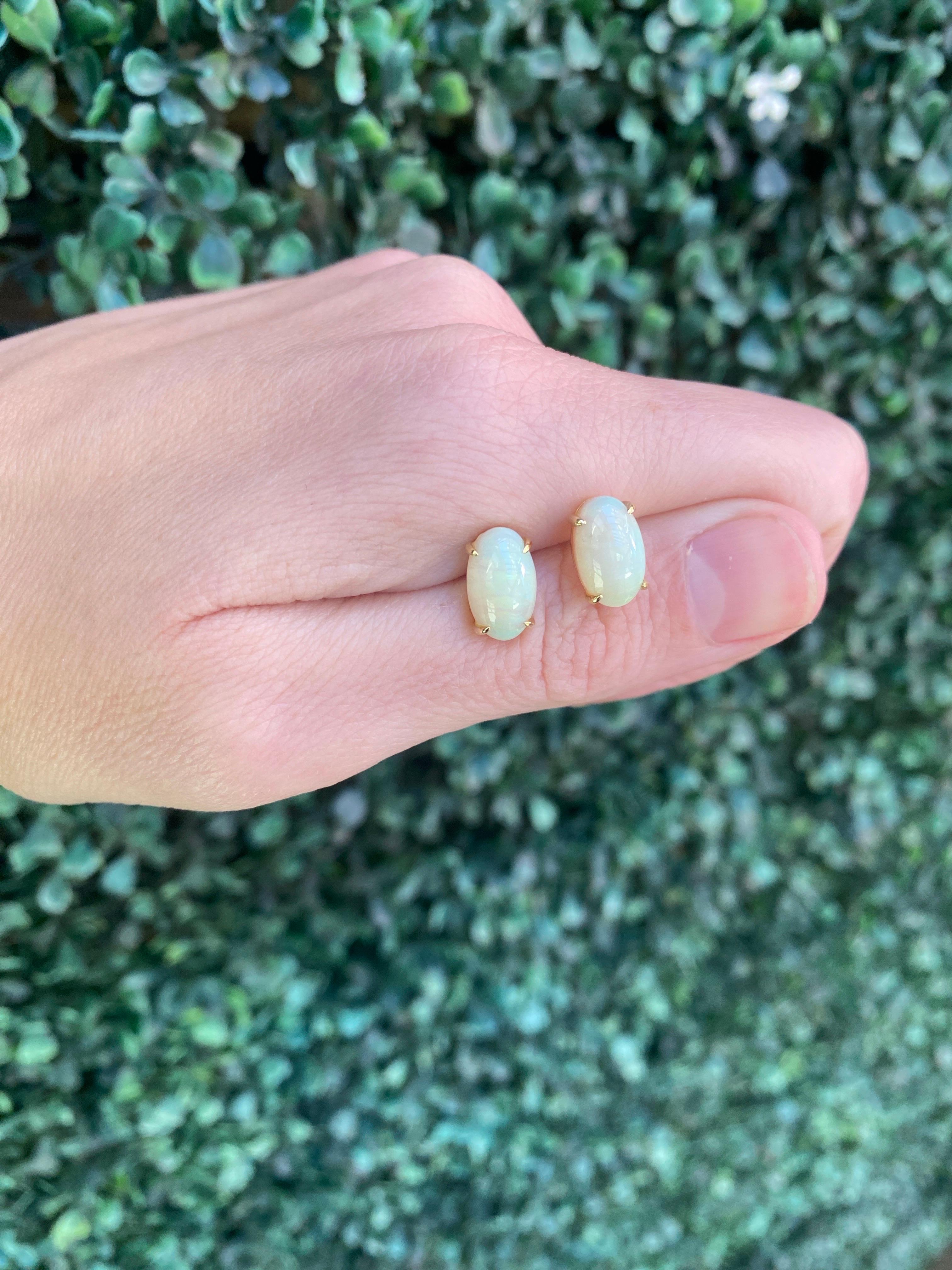 5.37 Carats Oval Cabochon Opal Stud Earrings, 14 Karat Yellow Gold For Sale 7