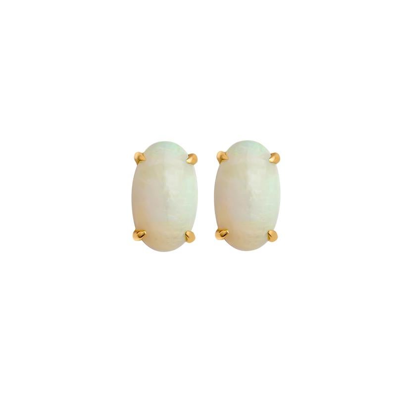 Elevate your accessory collection with these exquisite stud earrings featuring two oval cabochon opals, totaling 5.37 carats, elegantly set in radiant 14 karat yellow gold. Perfect for women who appreciate unique gemstones, these earrings blend