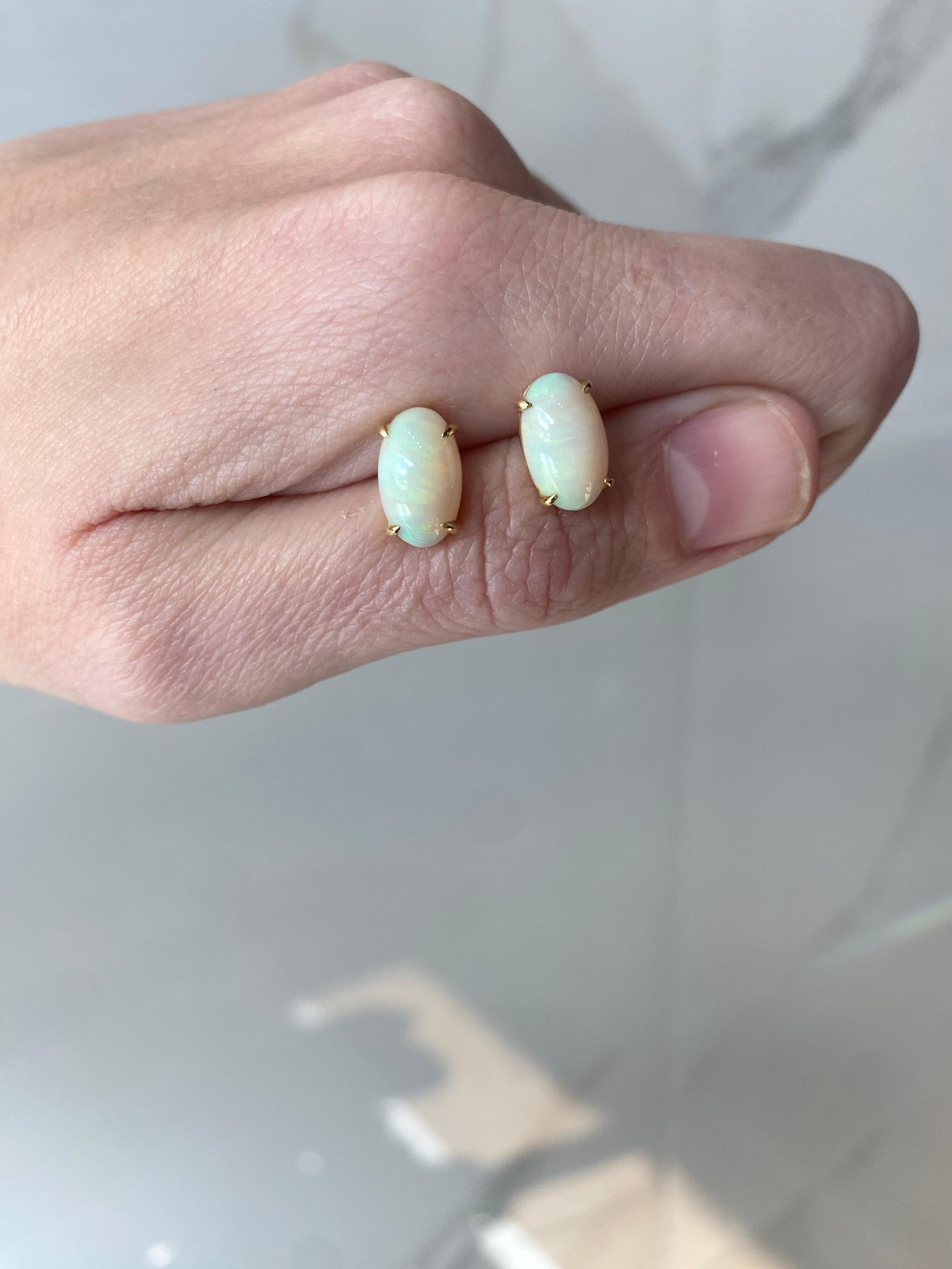 Oval Cut 5.37 Carats Oval Cabochon Opal Stud Earrings, 14 Karat Yellow Gold For Sale