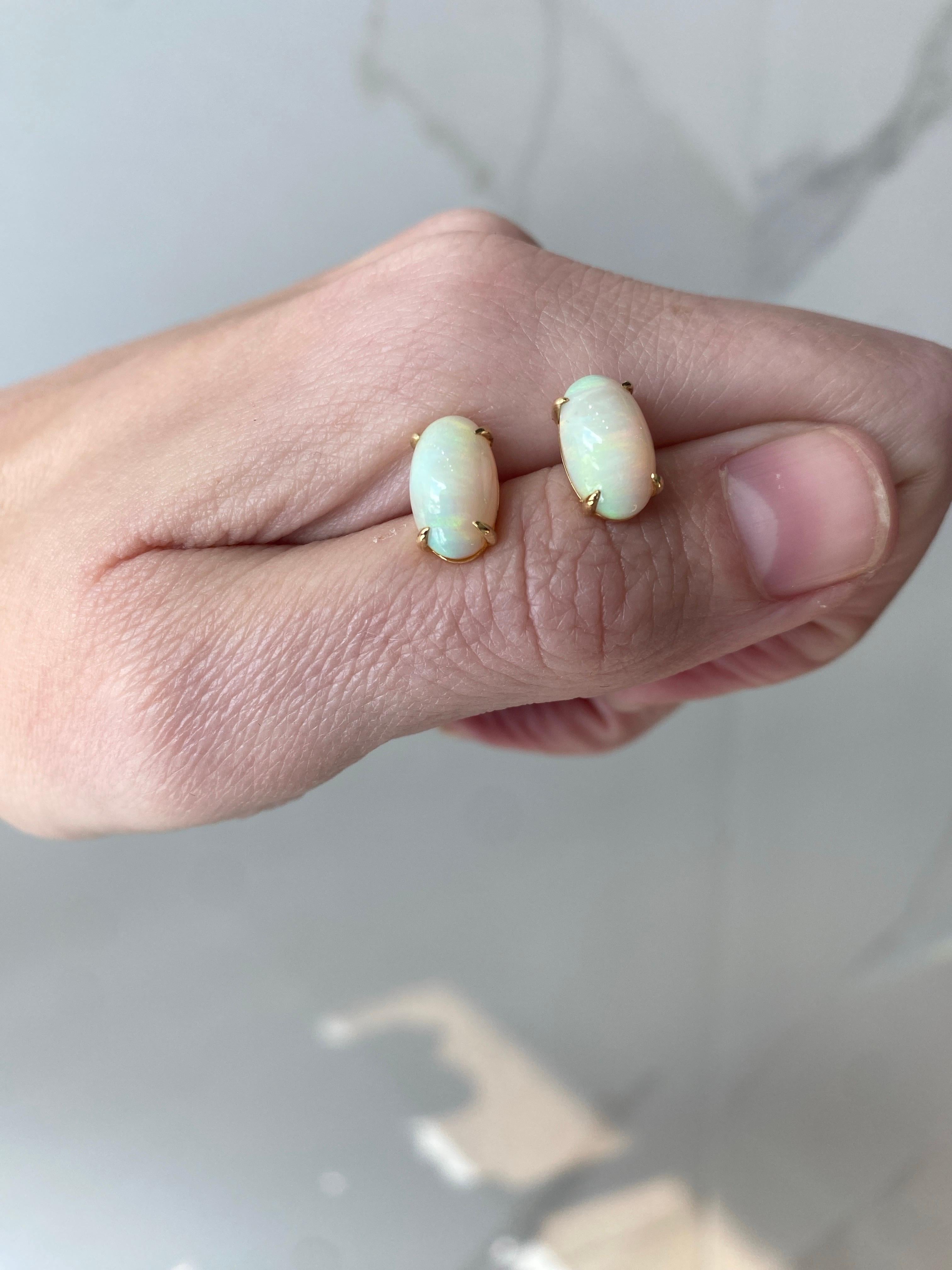 5.37 Carats Oval Cabochon Opal Stud Earrings, 14 Karat Yellow Gold In New Condition For Sale In Houston, TX
