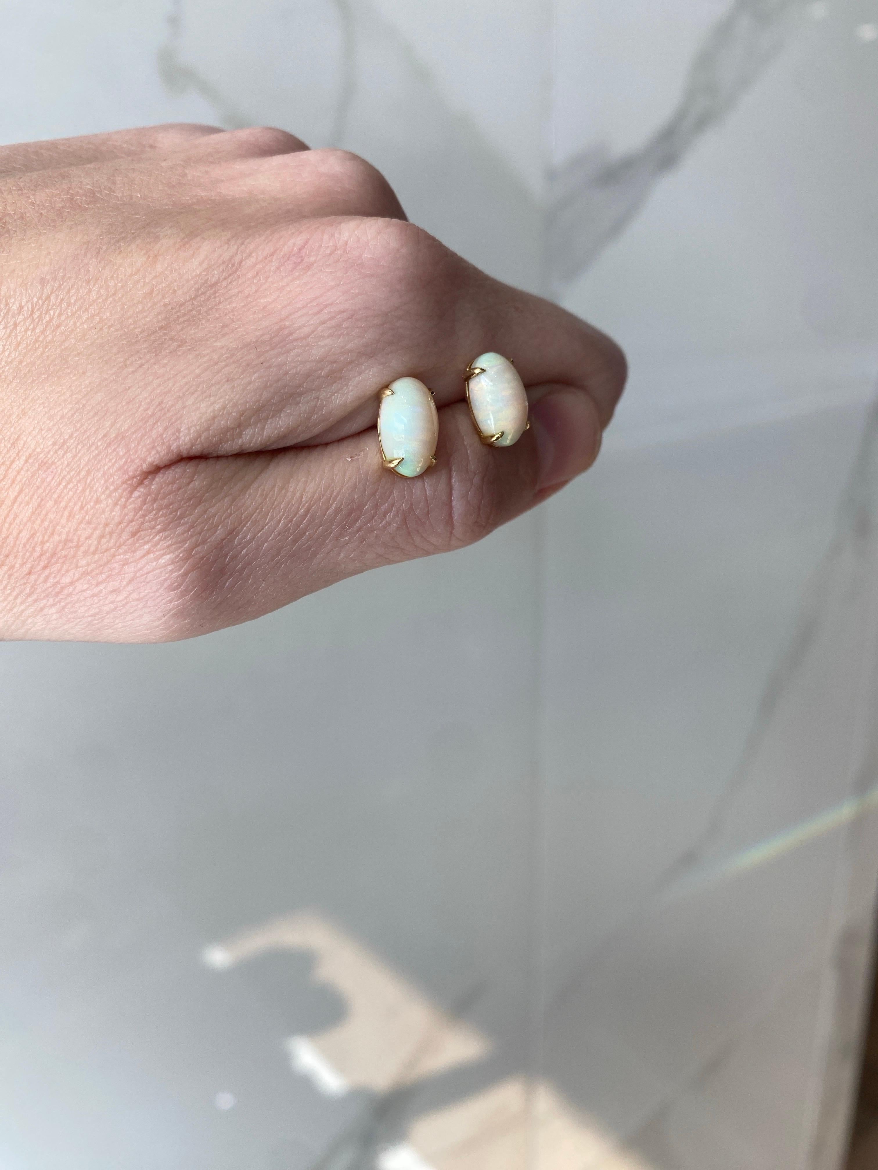 Women's or Men's 5.37 Carats Oval Cabochon Opal Stud Earrings, 14 Karat Yellow Gold For Sale