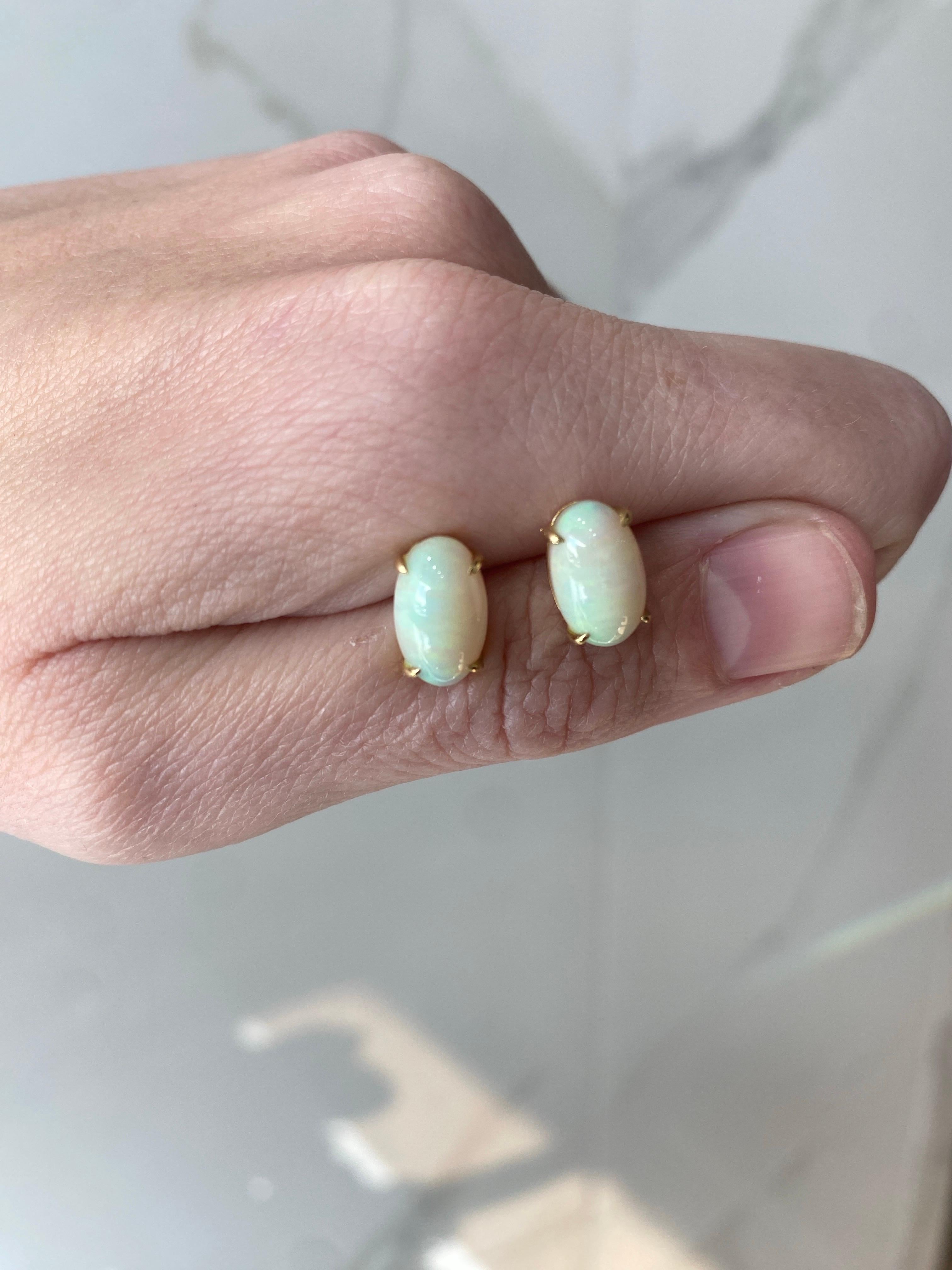 5.37 Carats Oval Cabochon Opal Stud Earrings, 14 Karat Yellow Gold For Sale 1