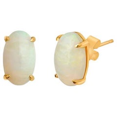 5.37 Carats Oval Cabochon Opal Stud Earrings, 14 Karat Yellow Gold